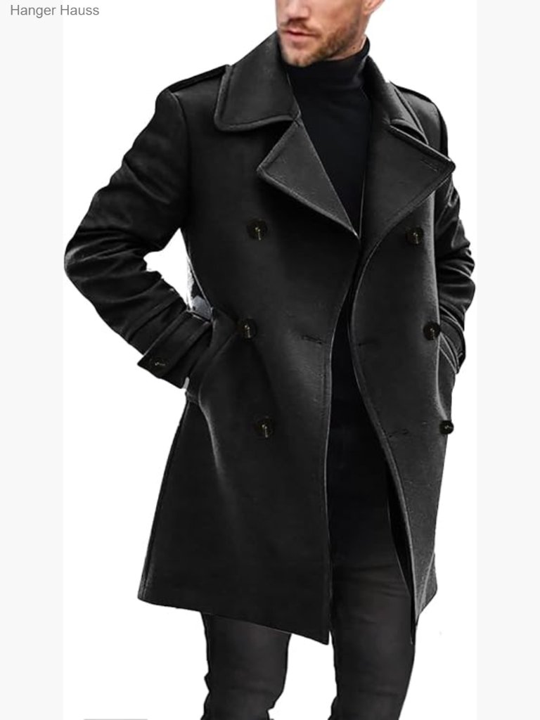 Men's Notched Collar Trench Coat Double Breasted Long Winter Pea Coat